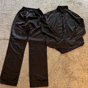 Black satin pants and button up set